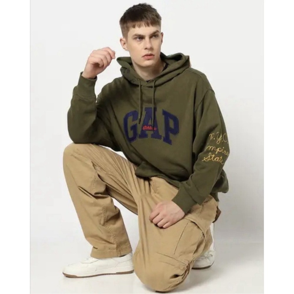 GAP Arch Logo Hoodie L Tall Army Green NYC Patch Oversized Sweatshirt Streetwear